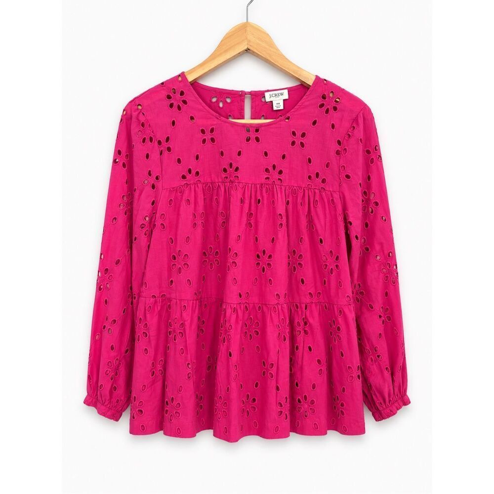 J. Crew Eyelet Peplum Blouse Women XS Pink Cotton Babydoll Long Sleeve Top